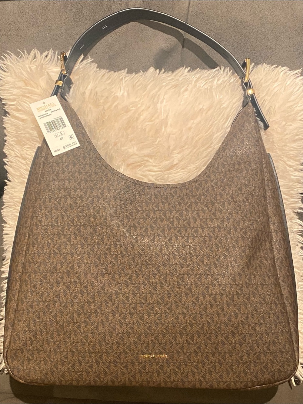 NWT MICHAEL KORS Nolita Large Signature Logo Hobo Shoulder Purse BLACK BROWN